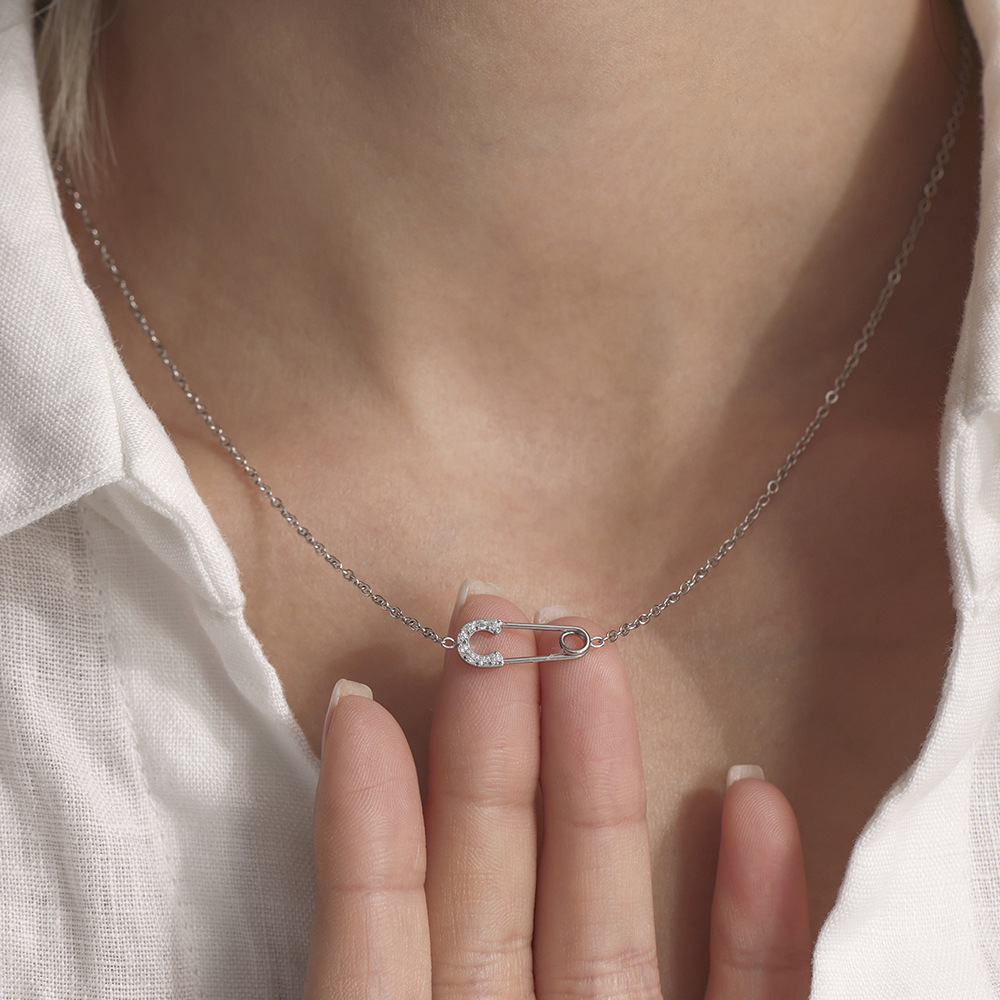 5A Zircon Safety Pin Stainless Steel Jewelry Sets Gold Necklace Bracelet Minimalist Elegant Waterproof Jewelry Sets