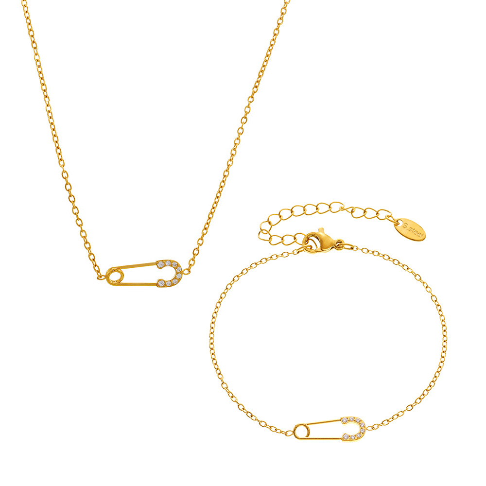 5A Zircon Safety Pin Stainless Steel Jewelry Sets Gold Necklace Bracelet Minimalist Elegant Waterproof Jewelry Sets