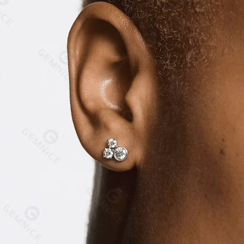 925 Silver Bezel Setting Trio Moissanite Cost Effective 14K Custom Diamond Earrings