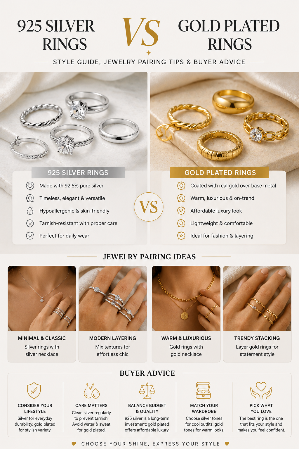 925 Silver Rings vs Gold Plated Rings: Style Guide, Jewelry Pairing Tips & Buyer Advice