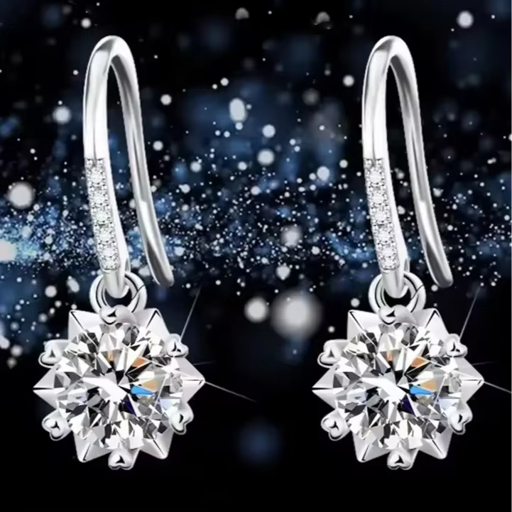 925 Silver Snowflake Earrings Elegant 6.5mm Round Moissanite Dangle for Women for Engagement-Elegant Woman's Jewelry