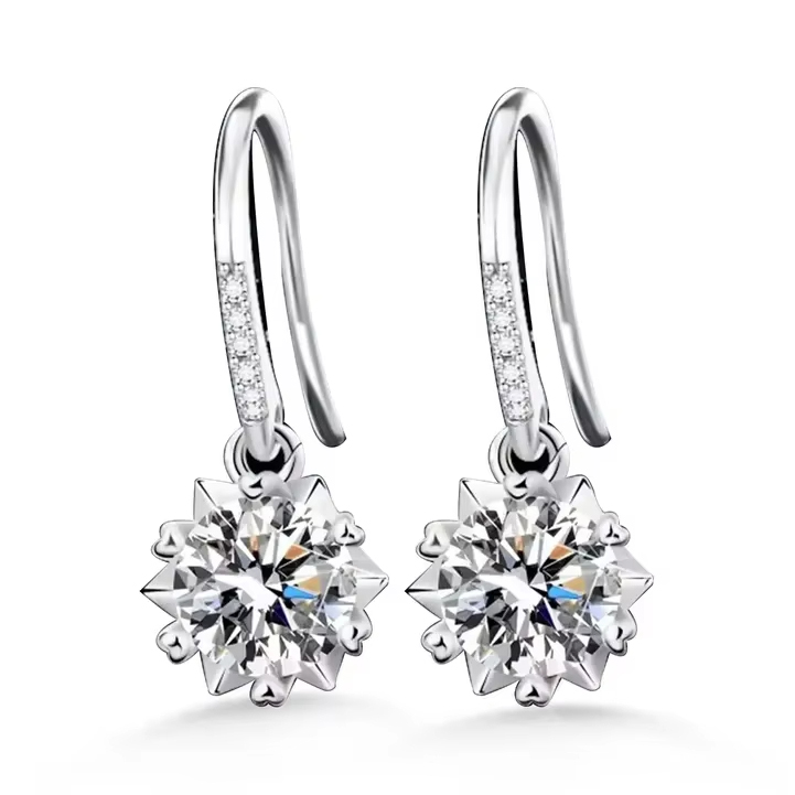 925 Silver Snowflake Earrings Elegant 6.5mm Round Moissanite Dangle for Women for Engagement-Elegant Woman's Jewelry