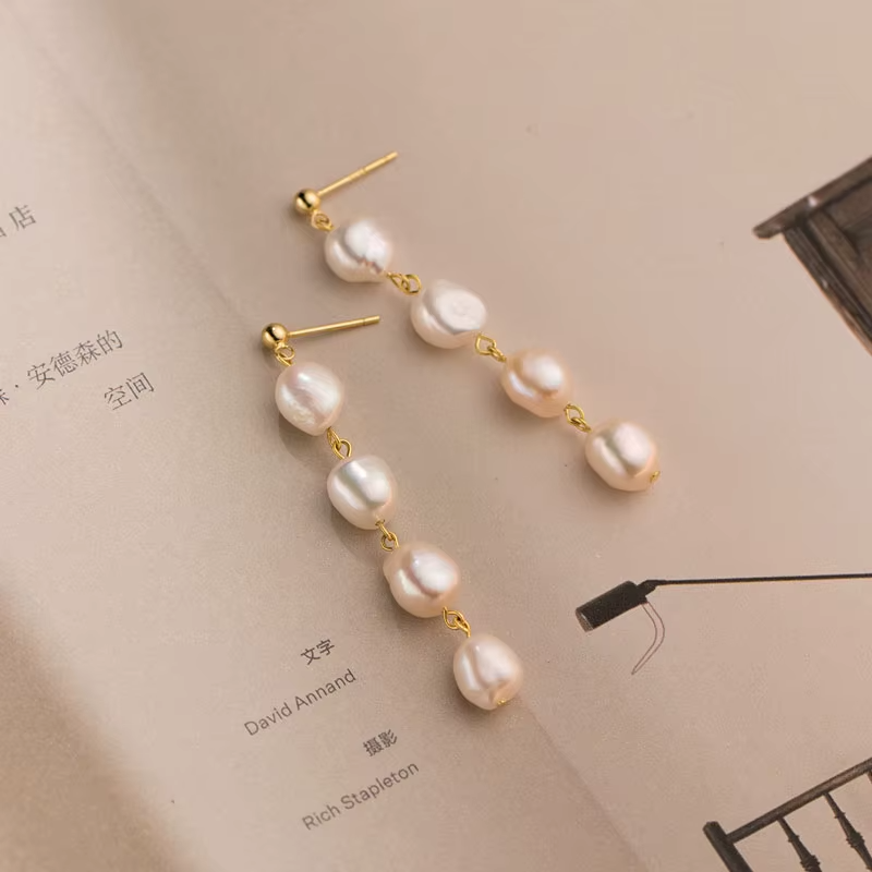 925 Sterling Silver 18K Gold Plated Handmade Baroque Freshwater Pearl Tassel Dangle Earrings for Girls