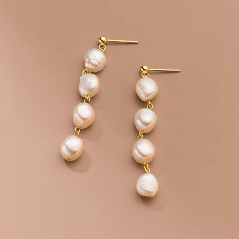 925 Sterling Silver 18K Gold Plated Handmade Baroque Freshwater Pearl Tassel Dangle Earrings for Girls