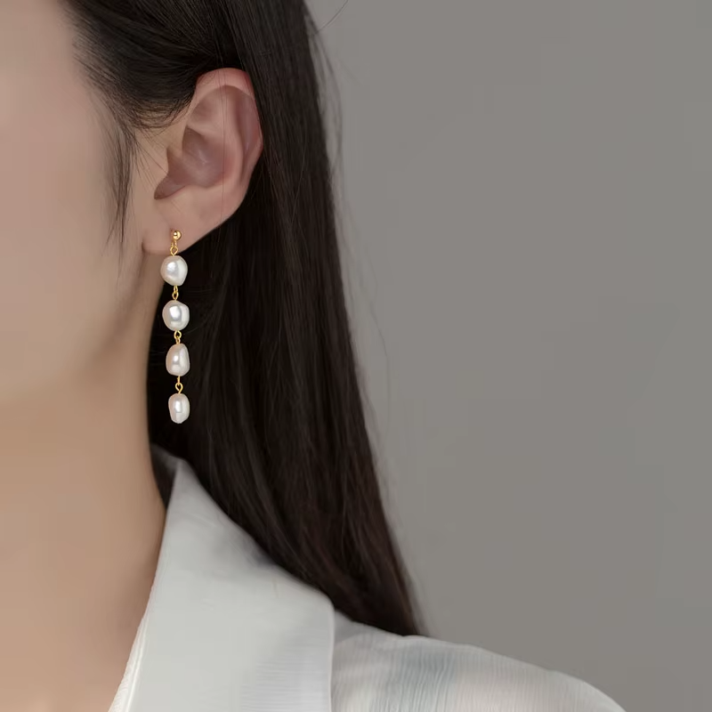 925 Sterling Silver 18K Gold Plated Handmade Baroque Freshwater Pearl Tassel Dangle Earrings for Girls