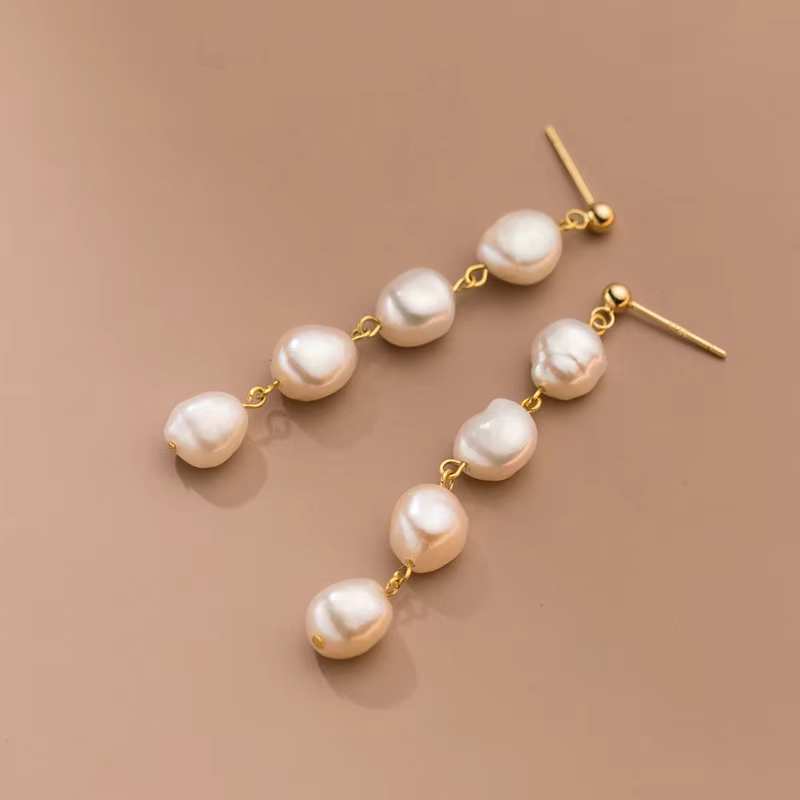925 Sterling Silver 18K Gold Plated Handmade Baroque Freshwater Pearl Tassel Dangle Earrings for Girls