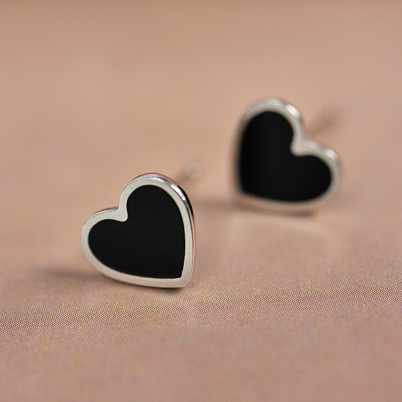 925 Sterling Silver Black Drip Heart Stud Earrings for Women and Men Punk Jewelry