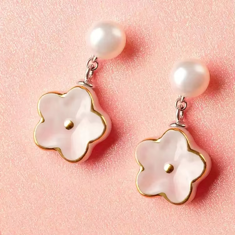 925 Sterling Silver Earrings Peach Blossom Pearl Ear Stud Hypoallergenic Drop Design Crystal Fashion Accessories