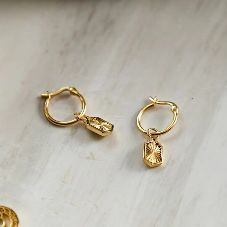 925 Sterling Silver Estee Lalonde Sunburst Shield Charm Hoop Earrings 18Ct Gold Plate