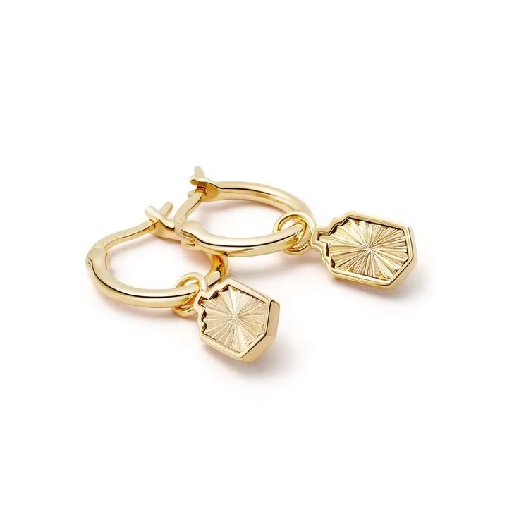 925 Sterling Silver Estee Lalonde Sunburst Shield Charm Hoop Earrings 18Ct Gold Plate