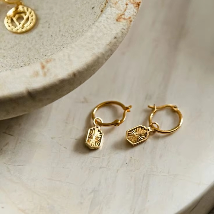 925 Sterling Silver Estee Lalonde Sunburst Shield Charm Hoop Earrings 18Ct Gold Plate