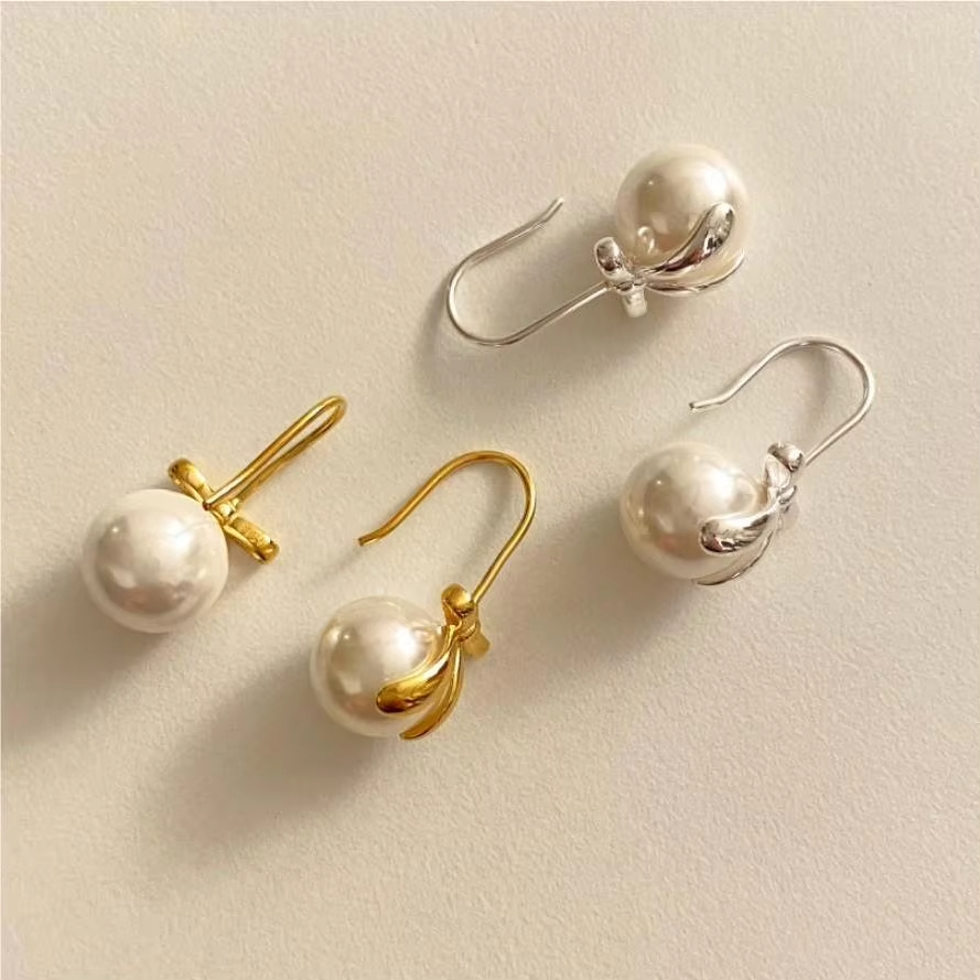 925 Sterling Silver Jewelry Shell Bead Bow Earrings 18k Gold Plated Earring for Women Dropshipping Wholesale