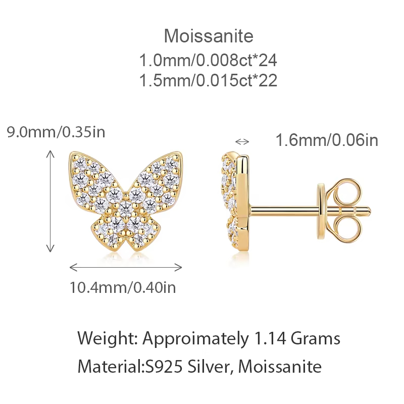925 Sterling Silver Moissanite Butterfly Earrings Fashion Jewelry Earrings for Women Iced-Out Sparkle Elegant Design Earrings