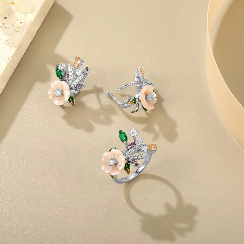 925 Sterling Silver Women's Earrings Pink Shell Flower Champagne White Zircon Classic Gold Luxury Fine Jewelry for Wedding
