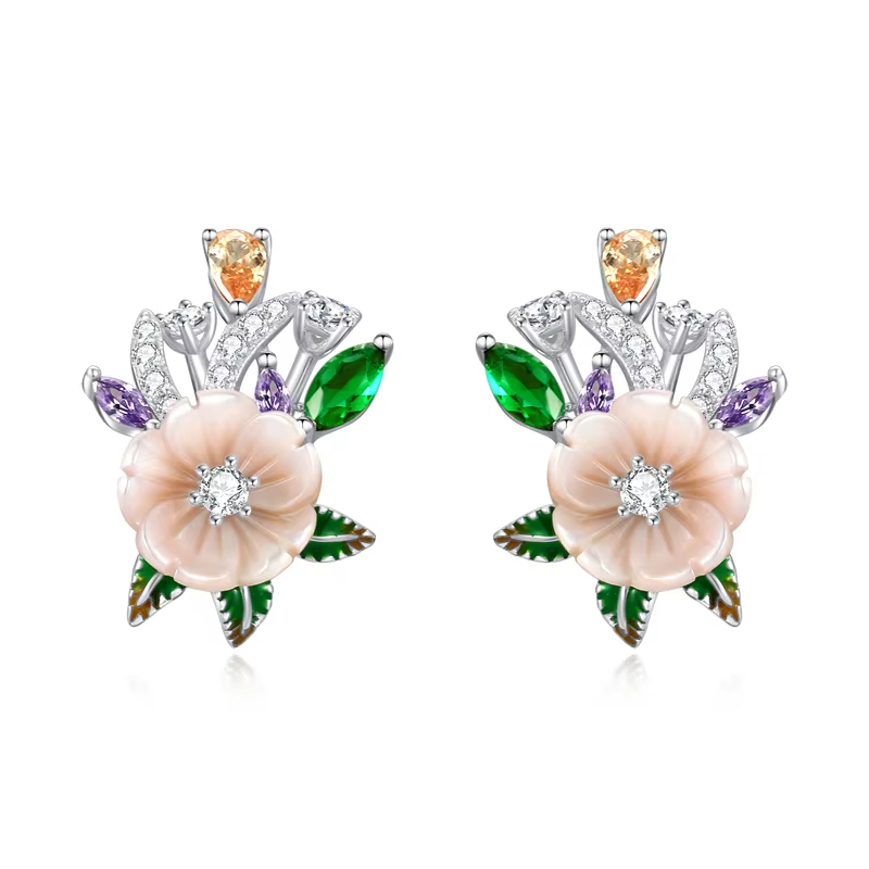 925 Sterling Silver Women's Earrings Pink Shell Flower Champagne White Zircon Classic Gold Luxury Fine Jewelry for Wedding