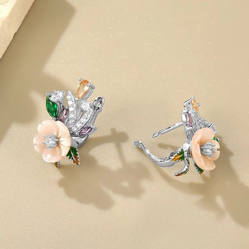 925 Sterling Silver Women's Earrings Pink Shell Flower Champagne White Zircon Classic Gold Luxury Fine Jewelry for Wedding