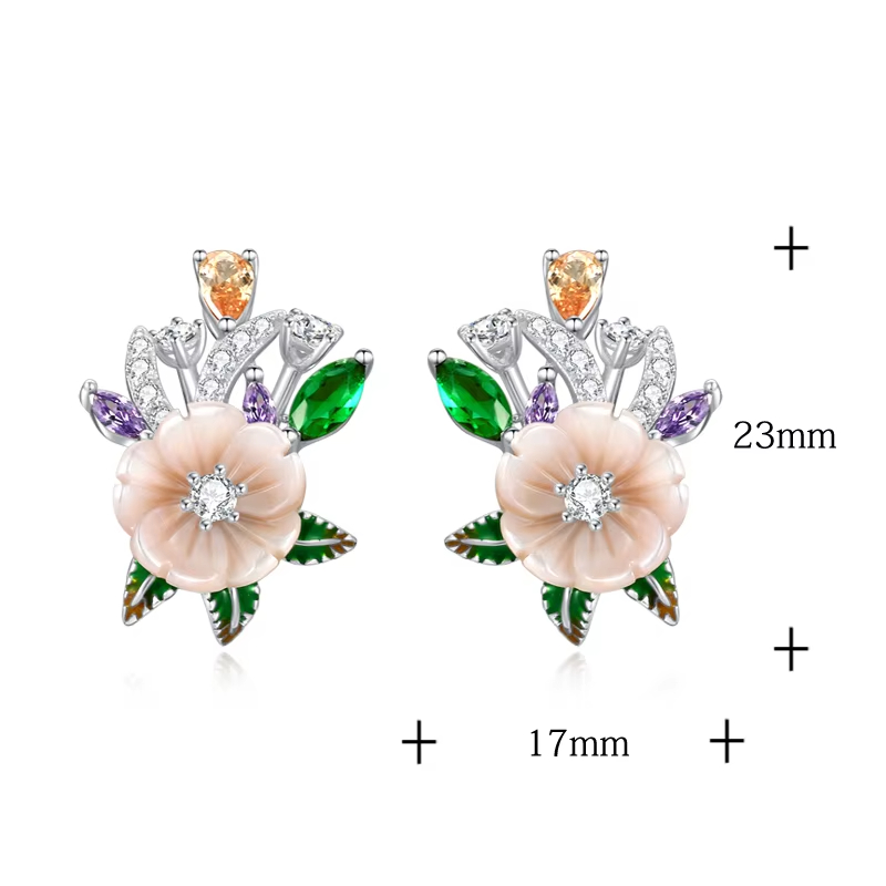 925 Sterling Silver Women's Earrings Pink Shell Flower Champagne White Zircon Classic Gold Luxury Fine Jewelry for Wedding