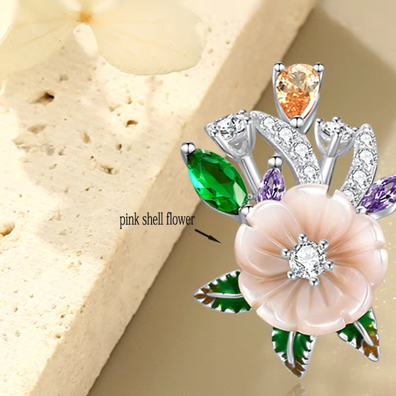 925 Sterling Silver Women's Earrings Pink Shell Flower Champagne White Zircon Classic Gold Luxury Fine Jewelry for Wedding