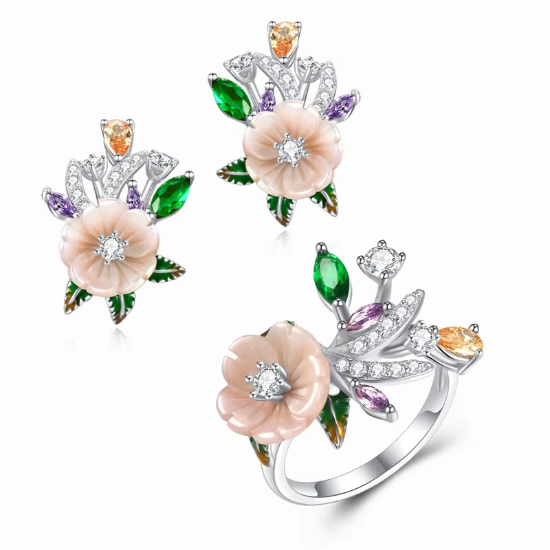 925 Sterling Silver Women's Earrings Pink Shell Flower Champagne White Zircon Classic Gold Luxury Fine Jewelry for Wedding