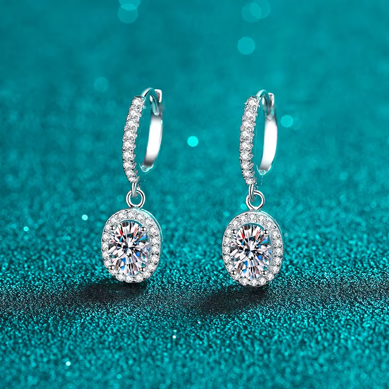 925 Sterling Silver Women's Luxury Stud Earrings Oval Bag Moissanite with PT950 Gold Rhodium Plated