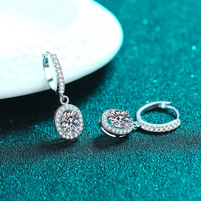 925 Sterling Silver Women's Luxury Stud Earrings Oval Bag Moissanite with PT950 Gold Rhodium Plated