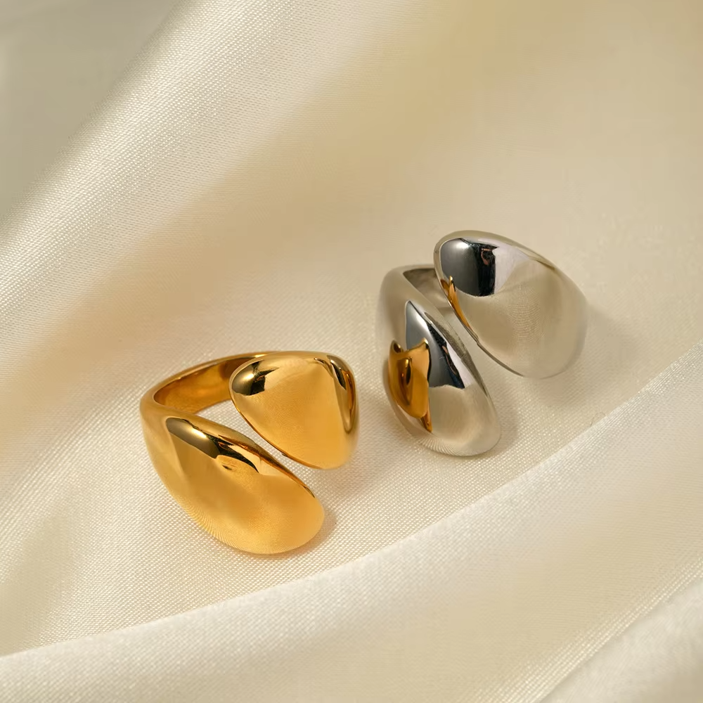 Adjustable Stainless Steel Teardrop Open Ring – 18K Gold & Silver Titanium Finish Women's Fashion Jewelry