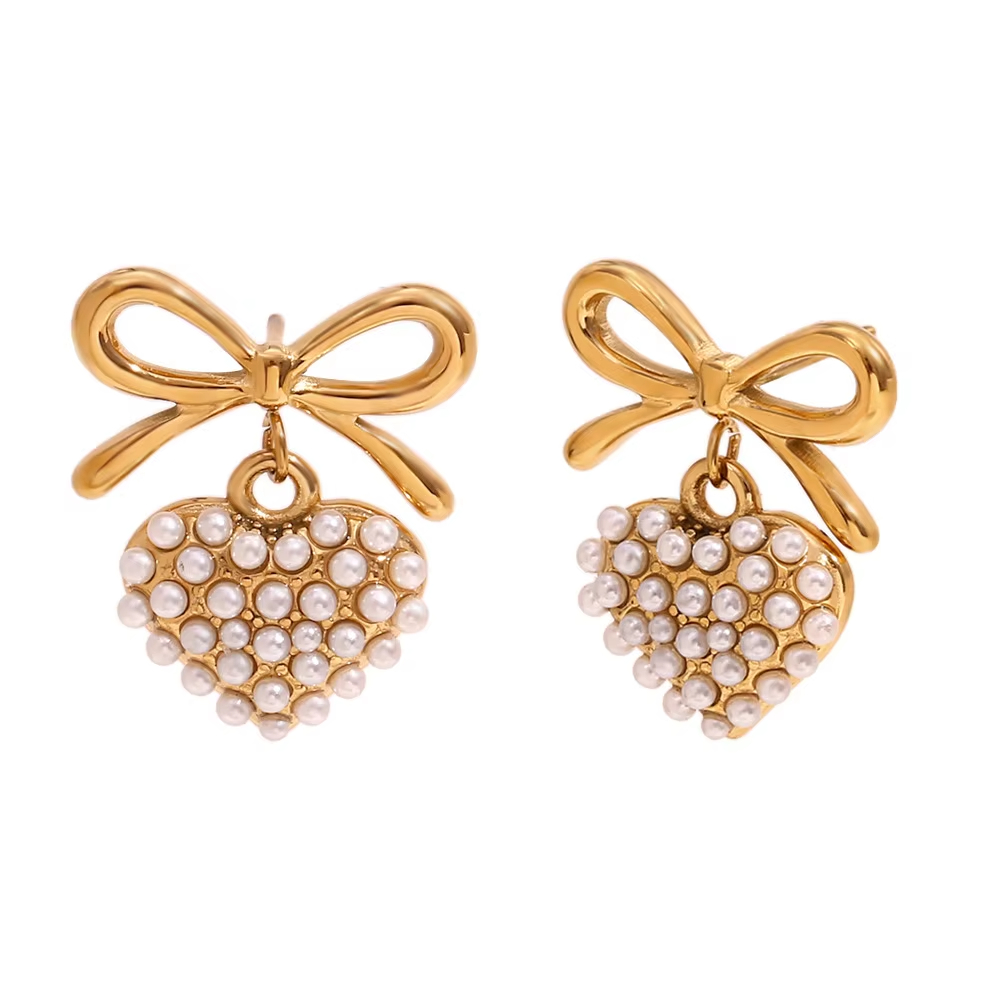Antiallergic Luxury Retro High-end Gold-color Plated Water Drop Earrings Stainless Steel Pearl love Pendant Bow Female