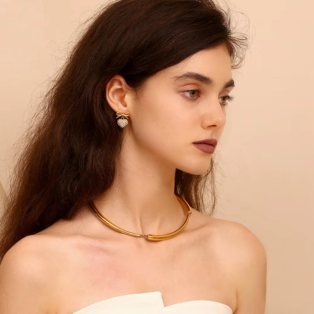 Antiallergic Luxury Retro High-end Gold-color Plated Water Drop Earrings Stainless Steel Pearl love Pendant Bow Female