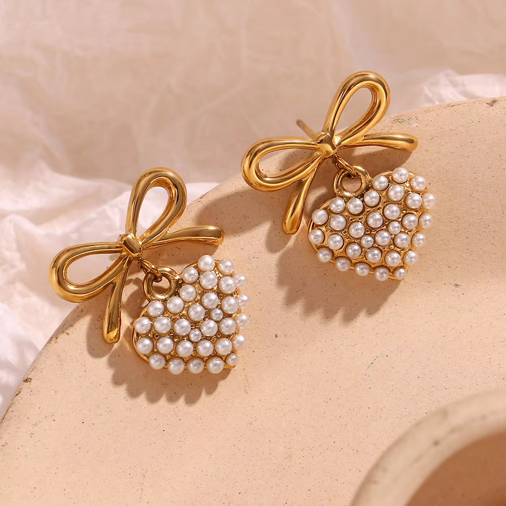 Antiallergic Luxury Retro High-end Gold-color Plated Water Drop Earrings Stainless Steel Pearl love Pendant Bow Female