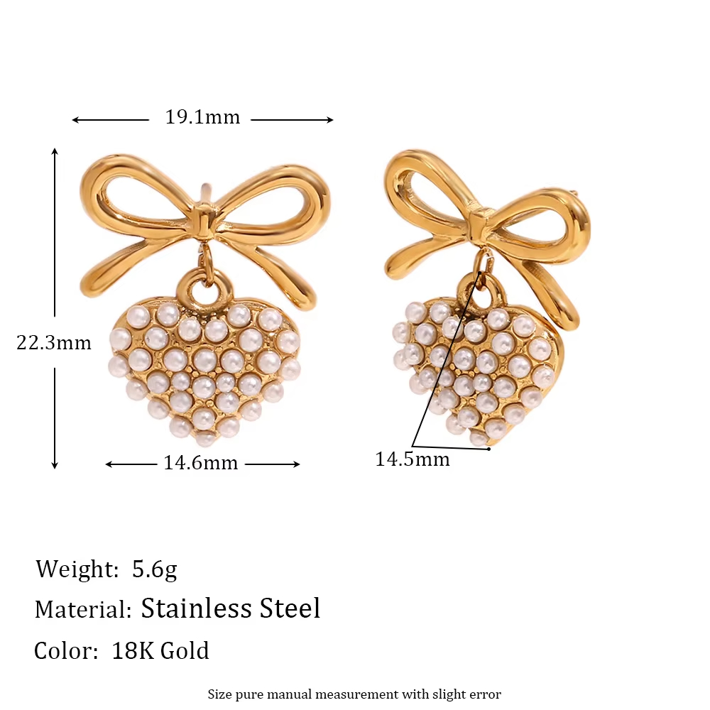 Antiallergic Luxury Retro High-end Gold-color Plated Water Drop Earrings Stainless Steel Pearl love Pendant Bow Female