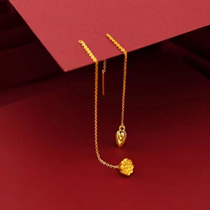 Asymmetrical Gold Drop Earrings with Lotus Pod and Gourd Design for Unique Fashion Statements and Symbolic Elegance