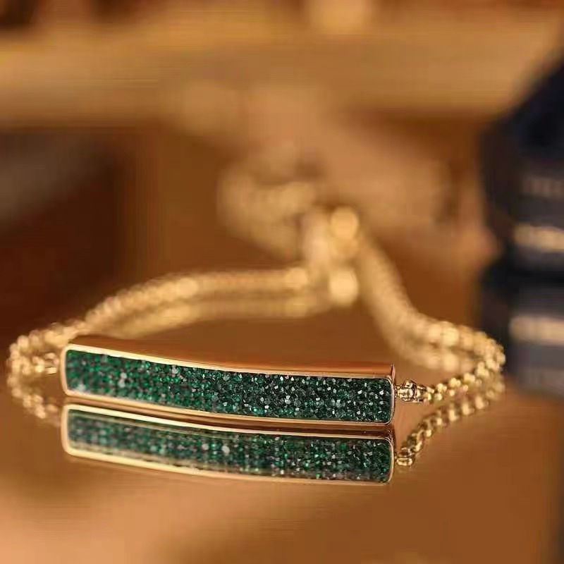 Adjustable Gold Bar Bracelet – Green Pave Zircon Modern Minimalist Jewelry for Women