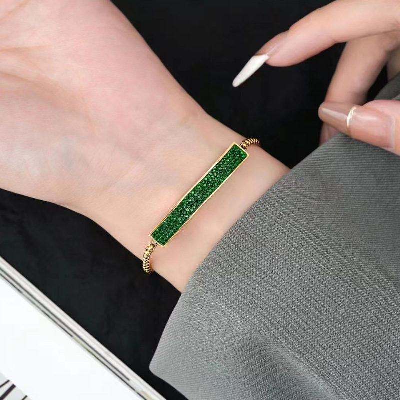 Adjustable Gold Bar Bracelet – Green Pave Zircon Modern Minimalist Jewelry for Women