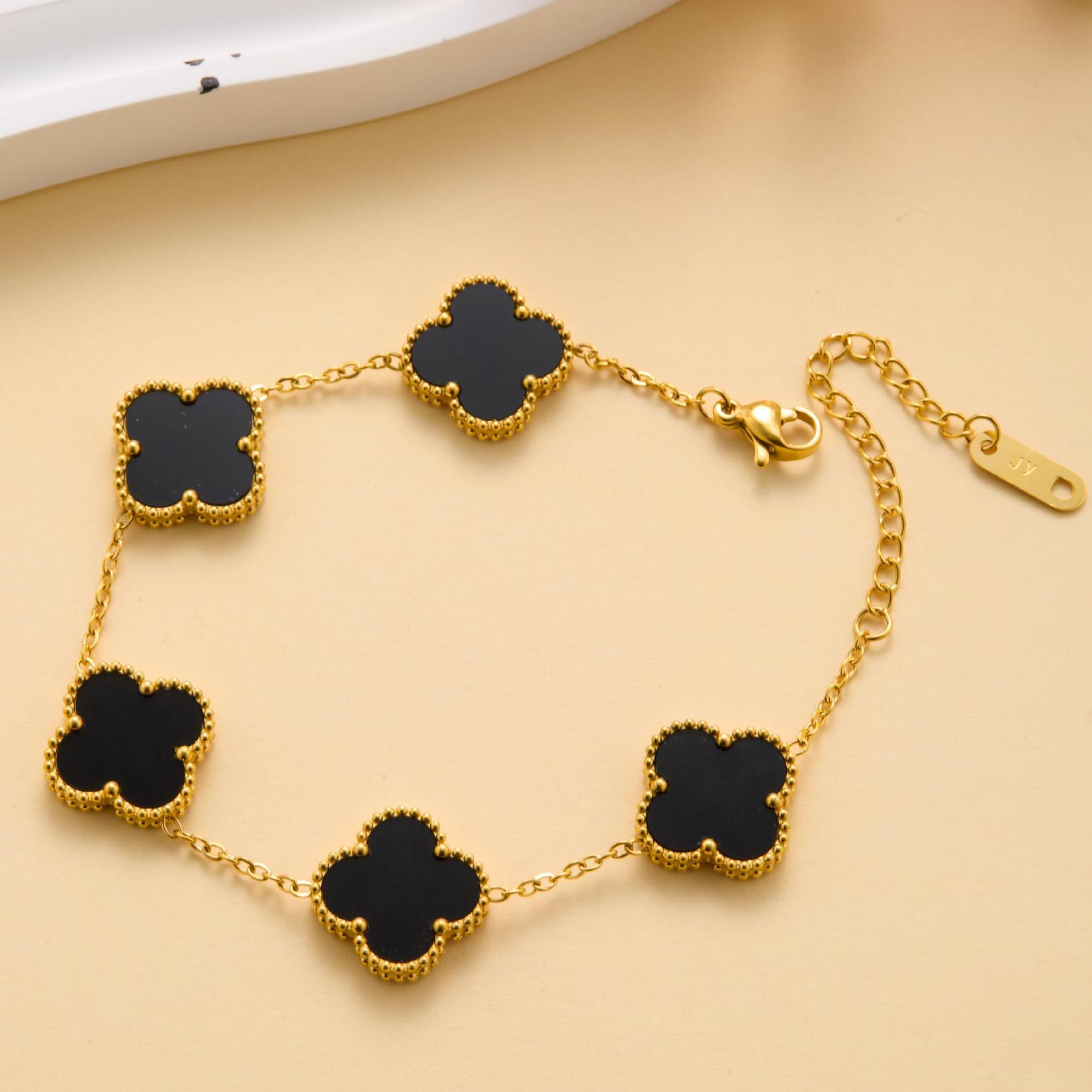 Black Clover Bracelet Gold Chain - Van Cleef Inspired Four Leaf Enamel Charm Jewelry for Women Girls Elegant Fashion Statement Accessory