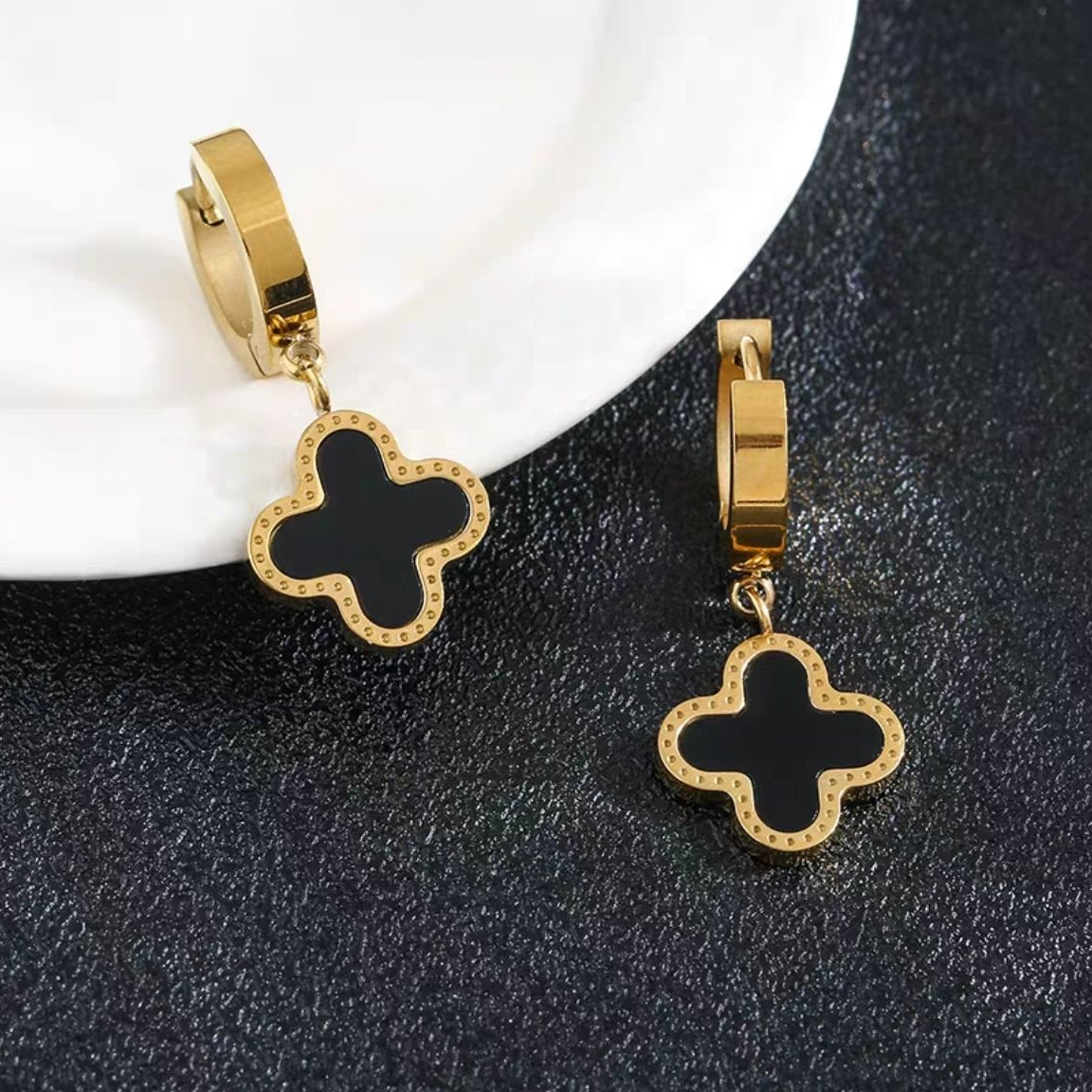 Black Enamel Gold Clover Drop Earrings for Women - Elegant Quatrefoil Dangle Design with Luxe Golden Trim and Lucky Symbolic Meaning