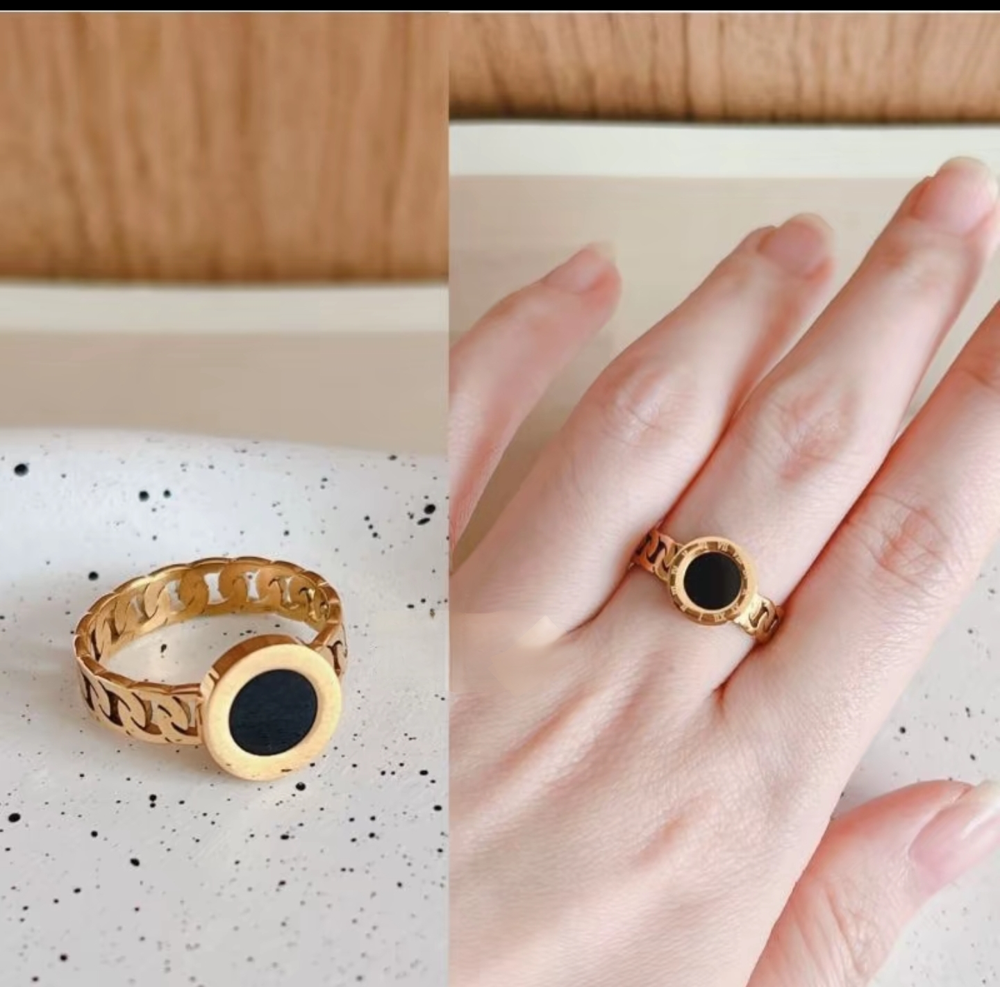 Black Enamel Round Signet Ring – 18K Gold Plated Chain Band for Women