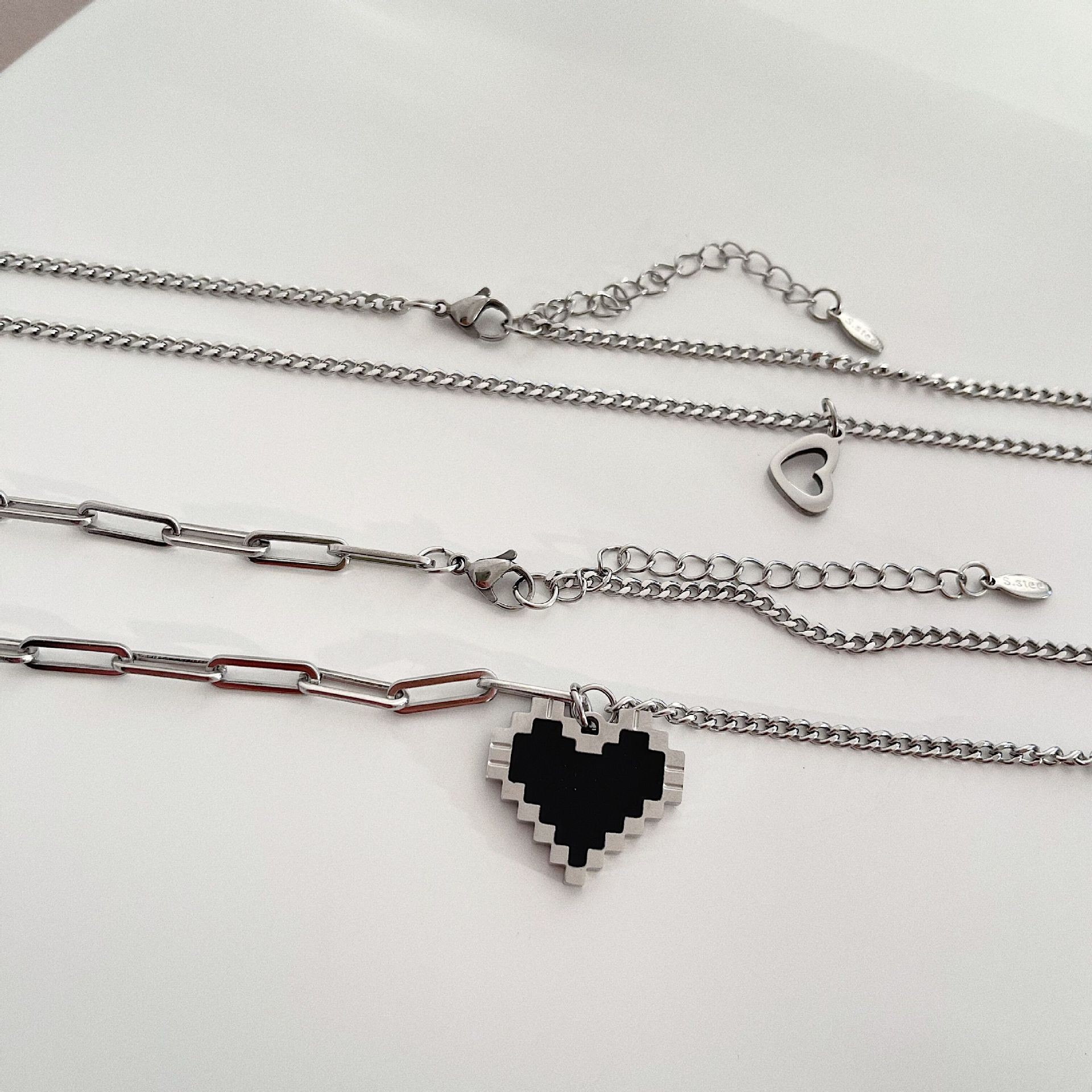 Layered Titanium Steel Pixel Heart Pendant Necklace – Trendy Double Chain Style