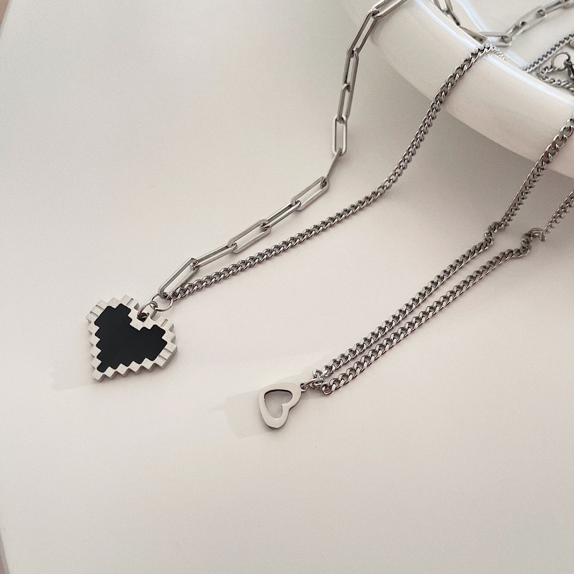 Layered Titanium Steel Pixel Heart Pendant Necklace – Trendy Double Chain Style