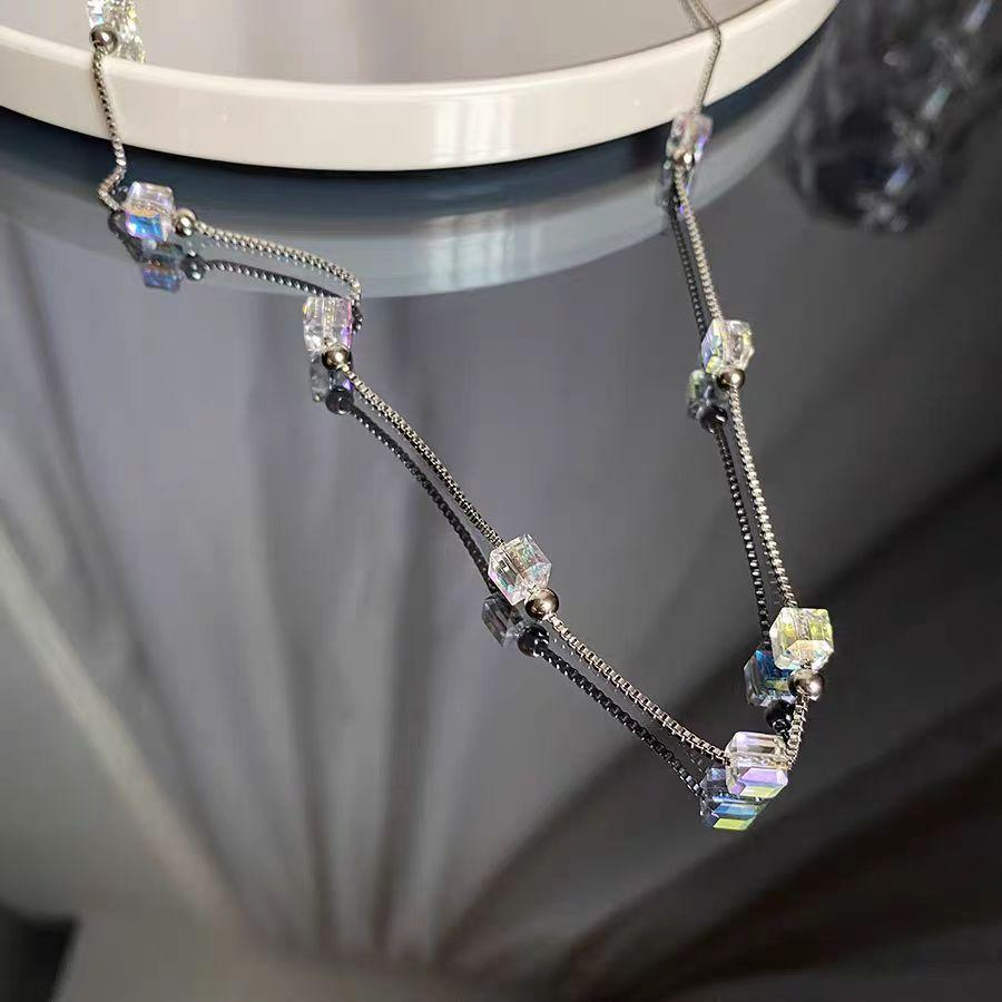 Black Titanium Steel Cube Crystal Beaded Necklace – Iridescent Gothic Dream Chain for Women