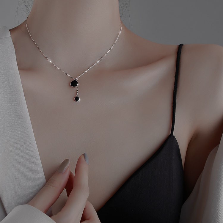 Elegant Double Pendant Titanium Steel Necklace with Black Enamel Accents