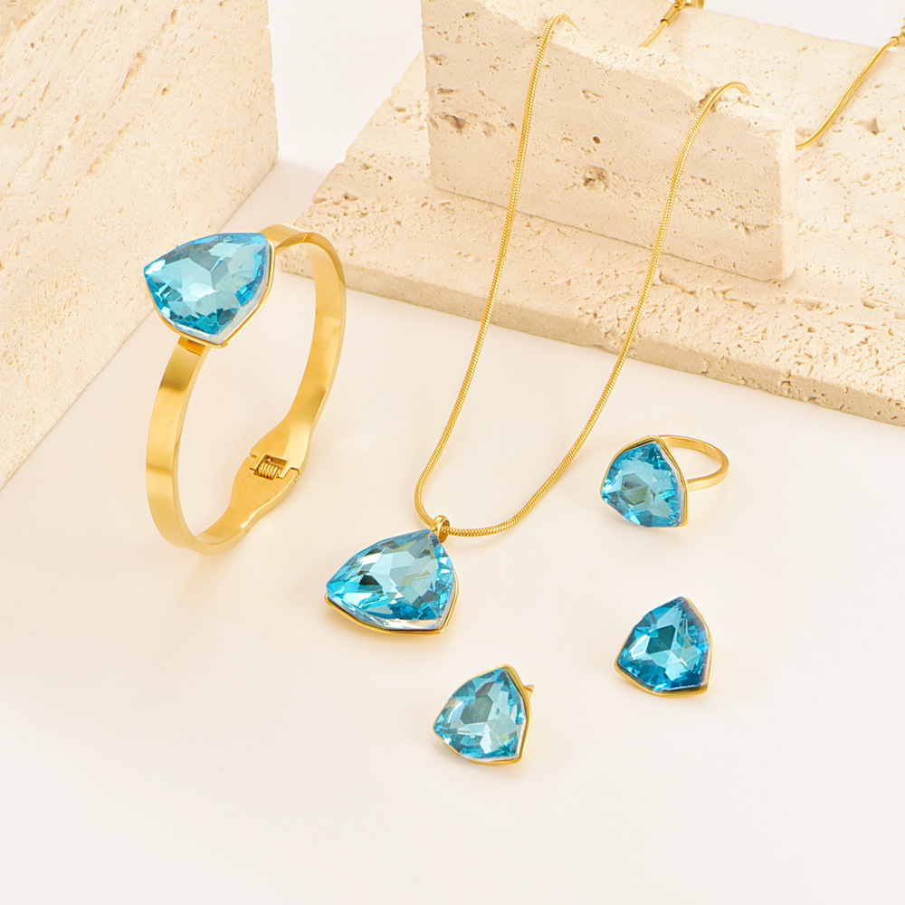 Blue Triangle Crystal Gold Plated Stainless Steel Jewelry Set