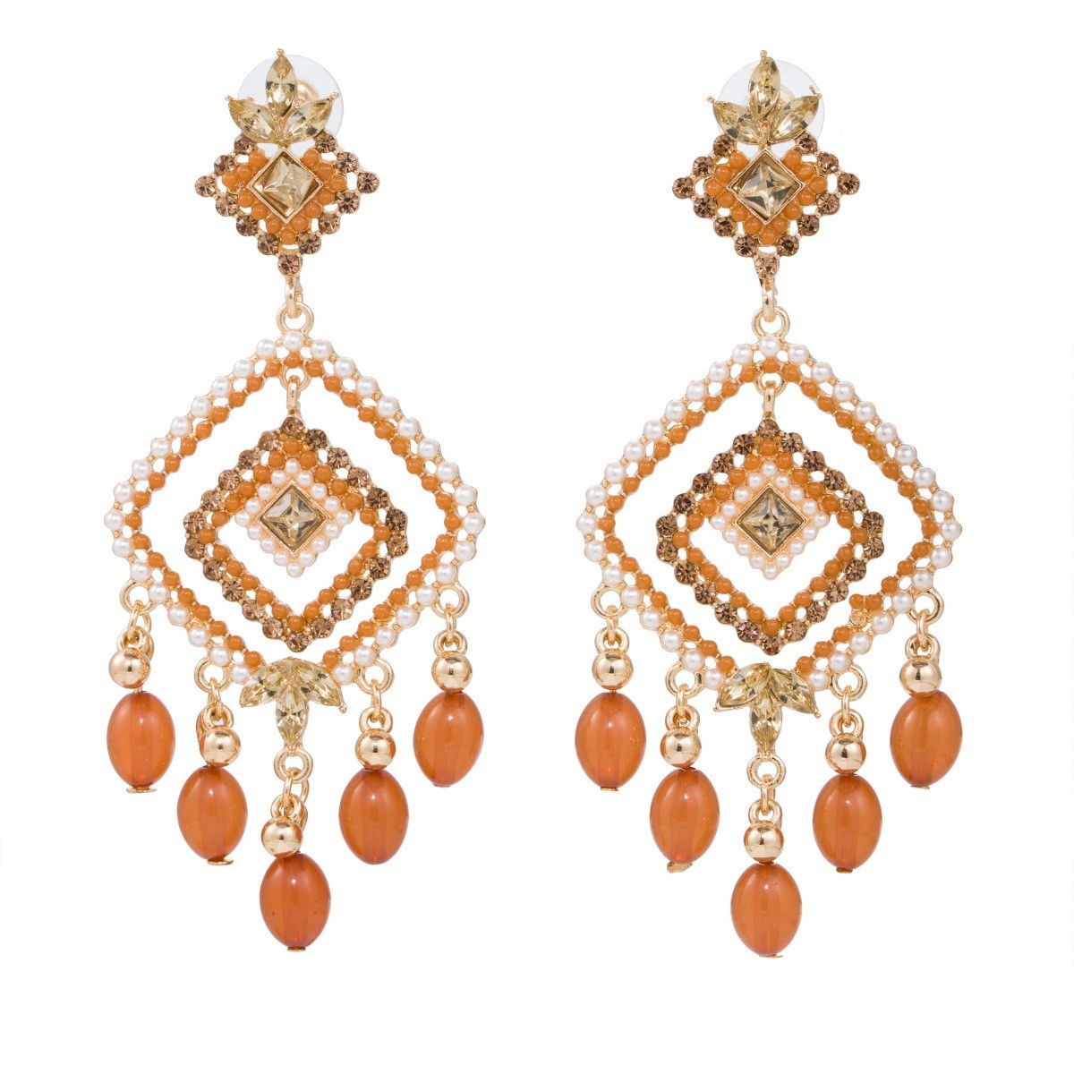 Bohemian Orange Beaded Chandelier Earrings Gold Geometric Statement Drop Earrings for Women
