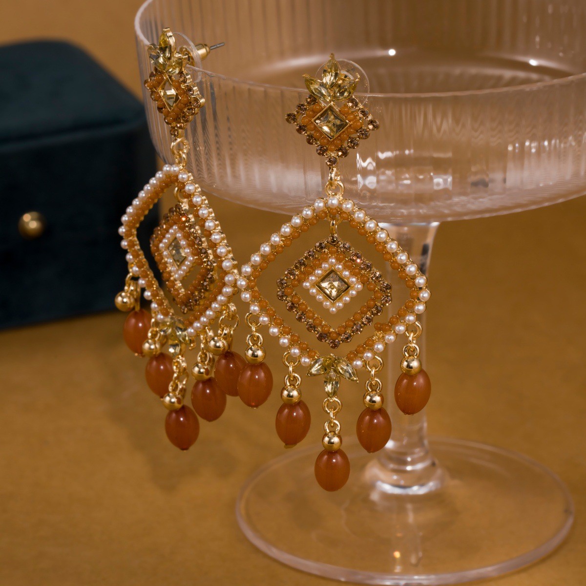 Bohemian Orange Beaded Chandelier Earrings Gold Geometric Statement Drop Earrings for Women