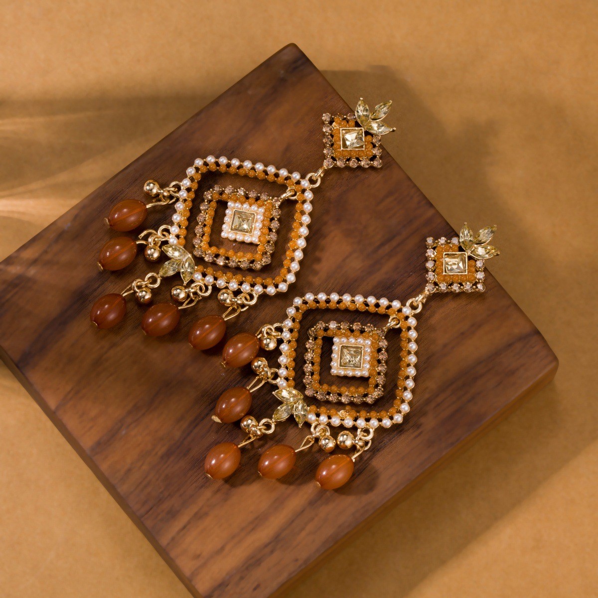 Bohemian Orange Beaded Chandelier Earrings Gold Geometric Statement Drop Earrings for Women