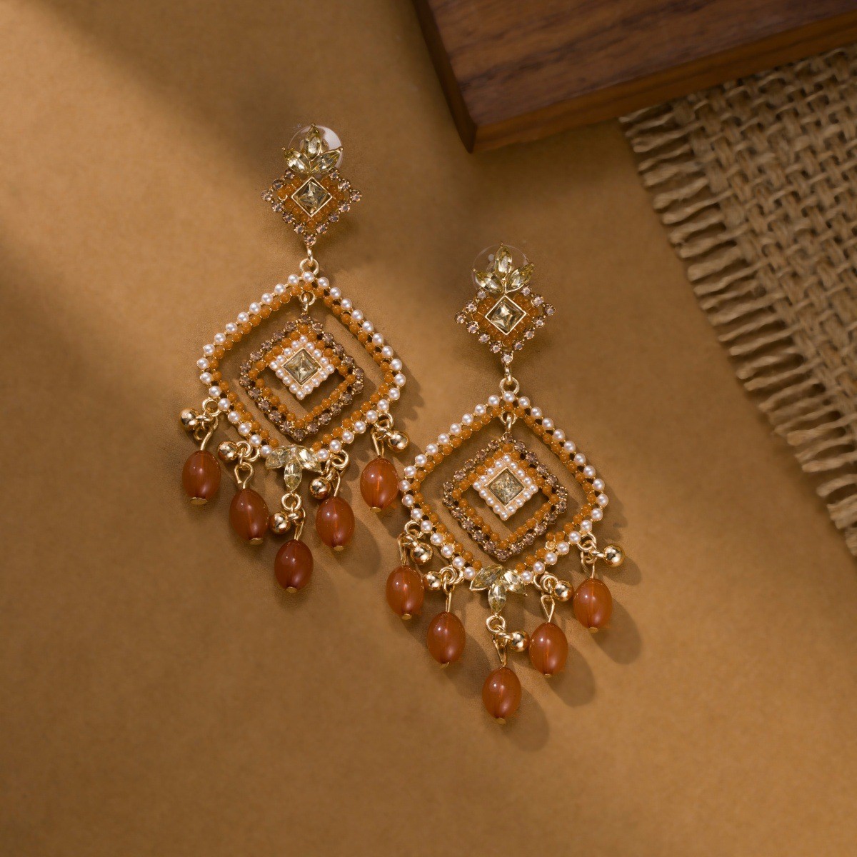 Bohemian Orange Beaded Chandelier Earrings Gold Geometric Statement Drop Earrings for Women