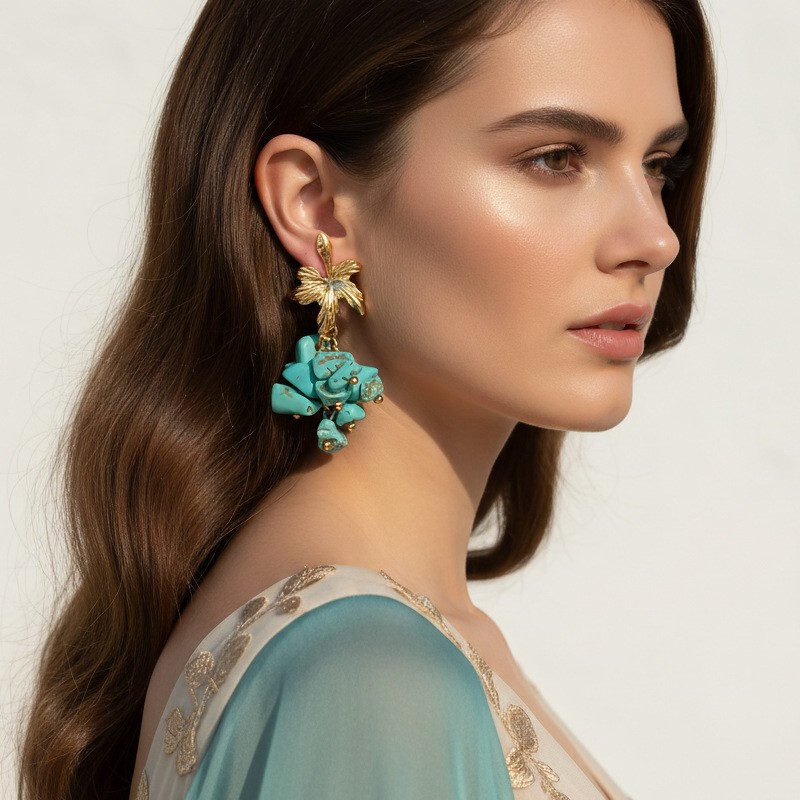 Bohemian Turquoise Cluster Drop Earrings Gold Floral Statement Dangle Earrings for Women