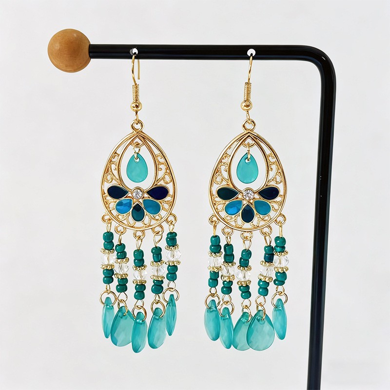 Bohemian Turquoise Teardrop Tassel Earrings Gold Openwork Boho Statement Drop Earrings for Women