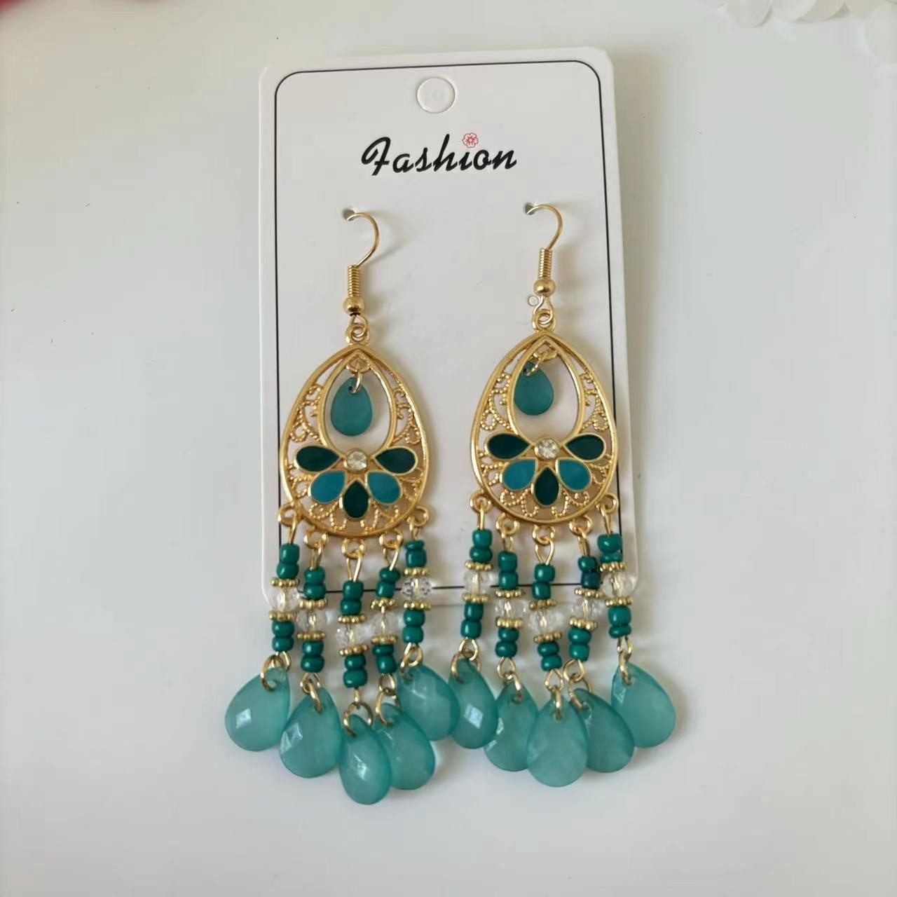 Bohemian Turquoise Teardrop Tassel Earrings Gold Openwork Boho Statement Drop Earrings for Women