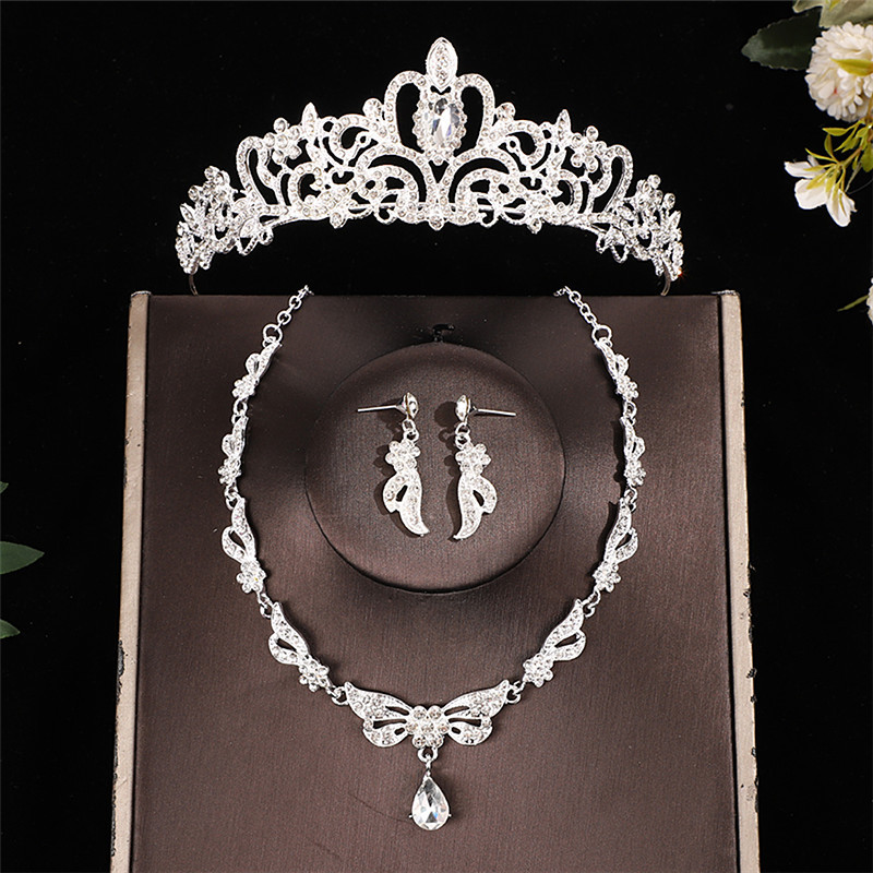 Bridal Jewelry Sets Tiara Necklace Earrings Three-Piece Set for New Brides, Crystal Wedding Headpiece Set