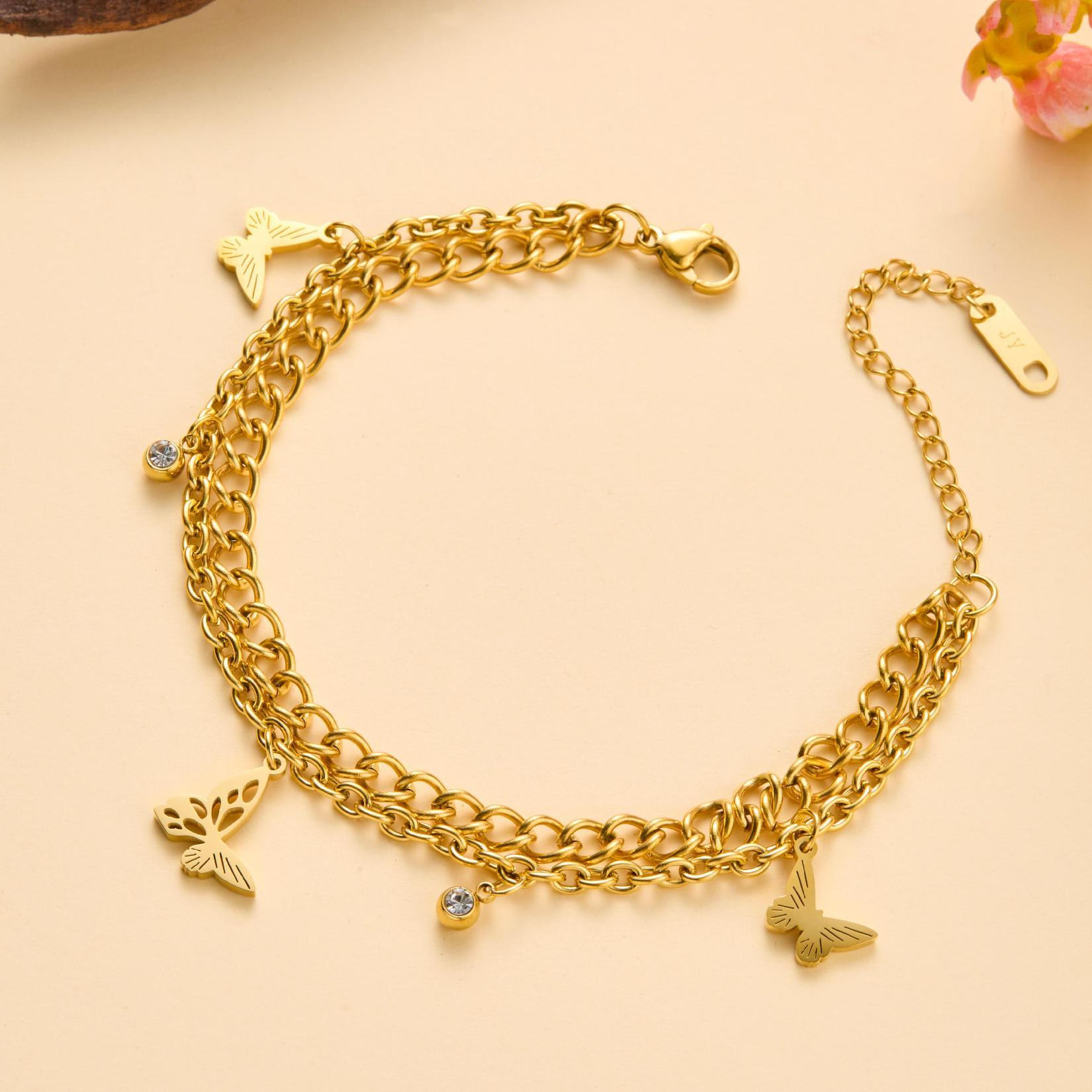 Butterfly Charm Bracelet for Women - Double Layer Gold Chain with Crystals - Adjustable Fashion Jewelry Gift